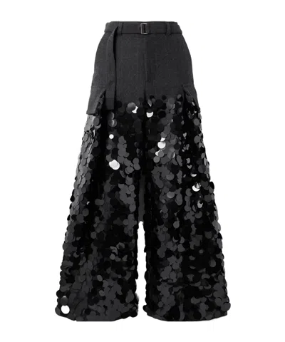 Sacai Sequined Wool Wide-leg Cargo Pants In Black