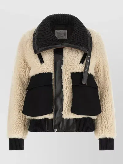 Sacai Shearling-effect Ribbed-knit Jacket In Neutral