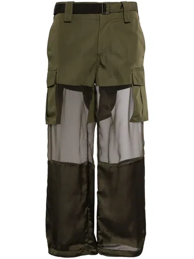 Sacai Sheer-panel Cargo Trousers In Green