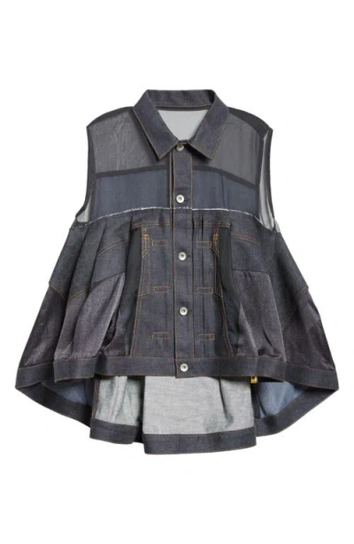 Sacai Sheer Panel Mixed Media Denim Shirt In Indigo