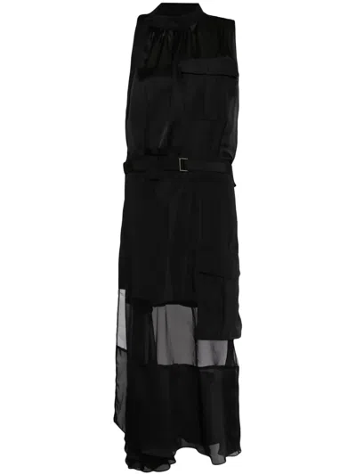 Sacai Sheer-panelled Belted Dress In Schwarz