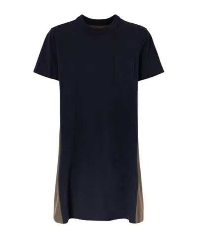 Sacai Shell-paneled Cotton-blend Jersey Mini Dress In Blue