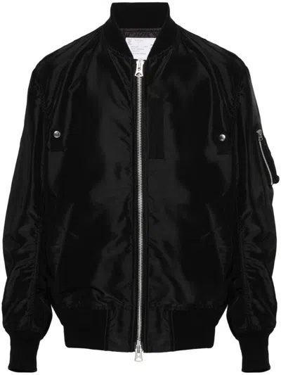 Sacai Shiny Black Bomber Jacket With Functional Pockets