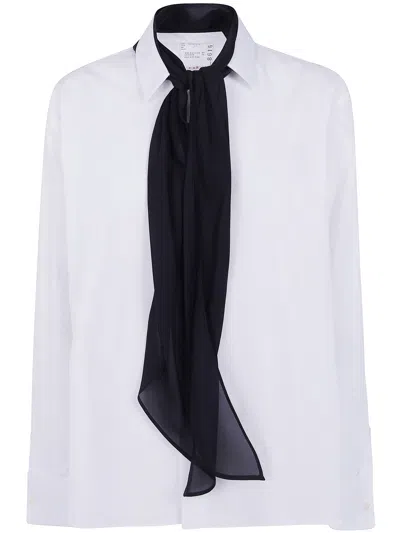 Sacai Poplin Shirt Tailored Fit Scarf Detail In Neutral