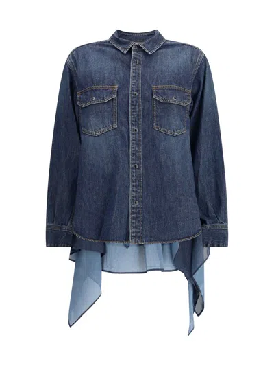 Sacai Denim And Satin Shirt In Blue