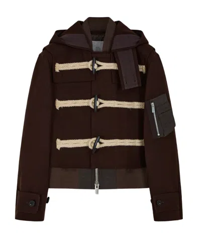 Sacai Short Hooded Windbreaker In Brown