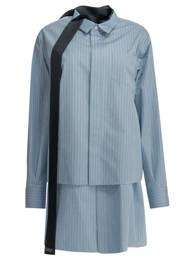 Sacai Striped Shirt Dress Long Sleeves Chest Pocket In Blue