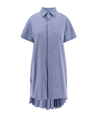 SACAI SACAI STRIPED PLEATED MIDI CHEMISIER DRESS