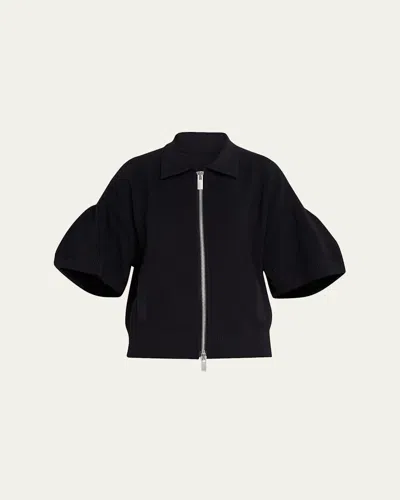 Sacai Short-sleeve English Rib Knit Zip Jacket In Black