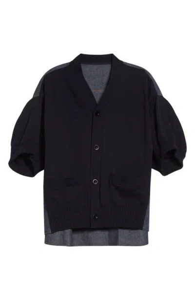 Sacai Short Sleeve Mixed Media Cardigan In Blue