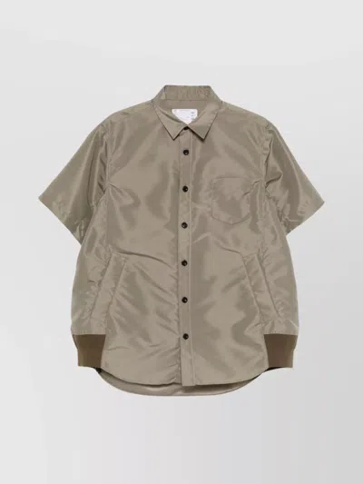 Sacai Short Sleeve Nylon Shirt With Ribbed Hem In Green