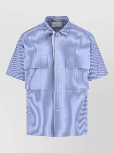Sacai Short Sleeve Striped Shirt Button Down Collar In Blue