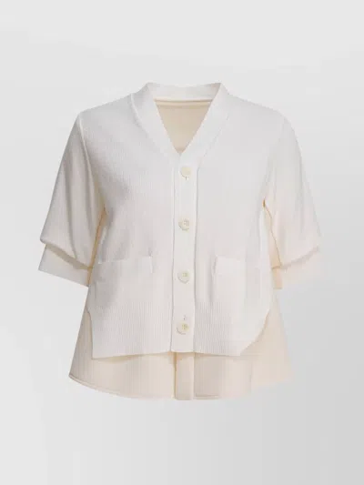 Sacai Short Sleeve V-neck Sweater With Ribbed Texture And Front Pockets In White