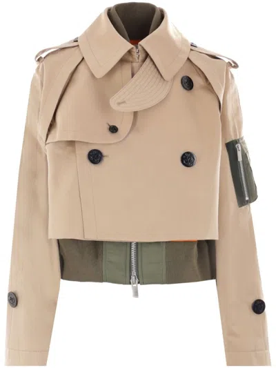 Sacai Short Trench Coat With Raglan Sleeves In Neutrals