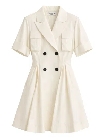 Sacai Short-sleeved Dress With Collar And V-neck, Flared Skirt And Patch Pockets In White