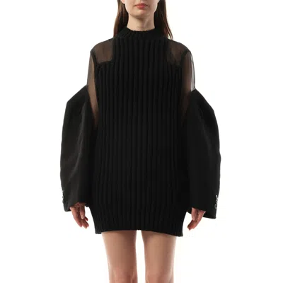 Sacai Silk Chiffon Mix Knit Dress In Black