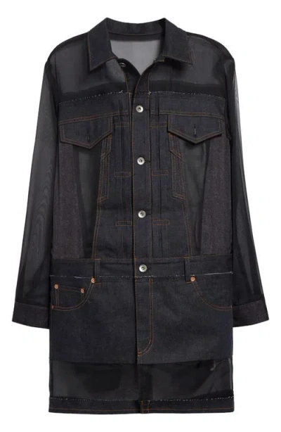 Sacai Silk Panel Long Sleeve Denim Dress In Indigo