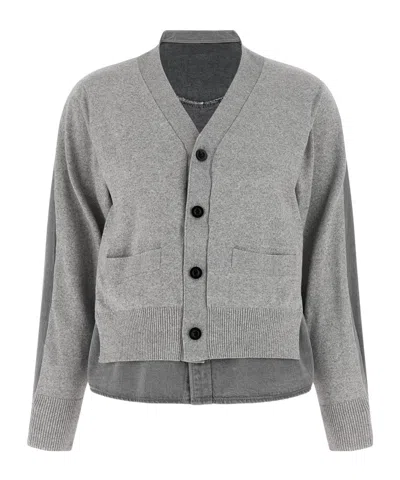 Sacai Single-breasted Knit Cardigan In Gray