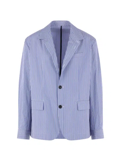 Sacai Single-breasted Striped Poplin Jacket In Blue