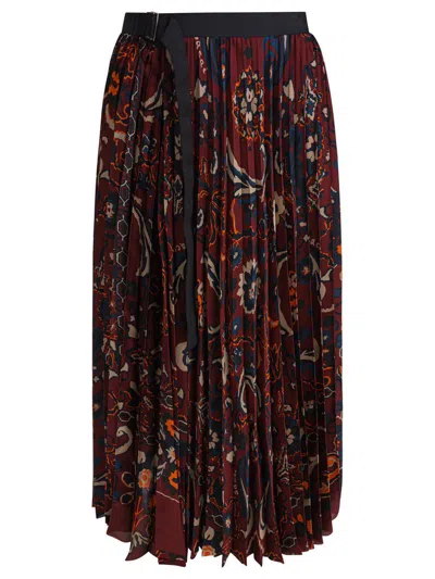 Sacai Belted Grosgrain-trimmed Pleated Floral-print Satin Midi Skirt In Multi
