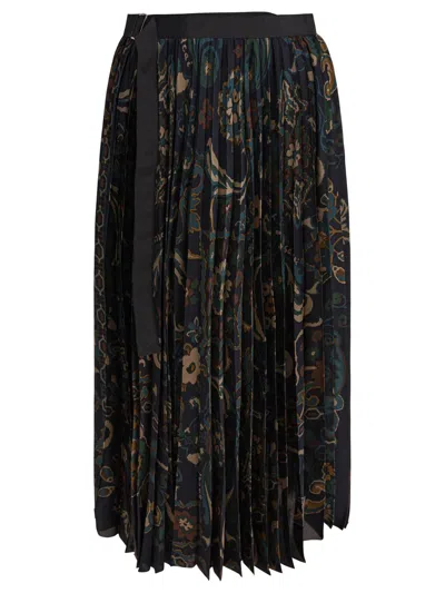 Sacai Womens Navy Floral Pleated Woven Midi Skirt In Black