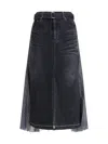 Sacai Black Denim Pleated Skirt With Adjustable Waist Belt In Black