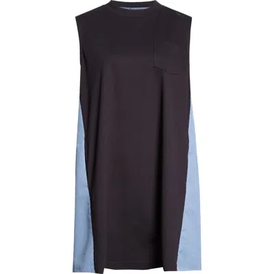 Sacai Sleeveless Mixed Media Shift Dress In Navy X Blue Stripe