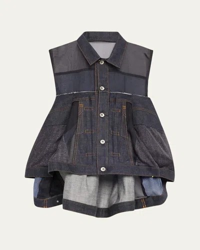 SACAI SLEEVELESS SHEER DENIM FLOWY TOP