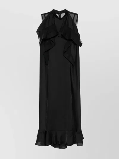 Sacai Sleeveless Turtleneck Midi Dress With Ruffled Sheer Panels In Black