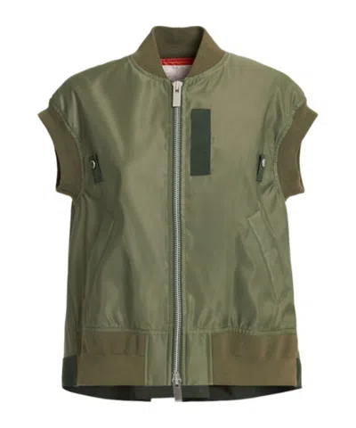 Sacai Sleeveless Nylon Zip-up Jacket In Green