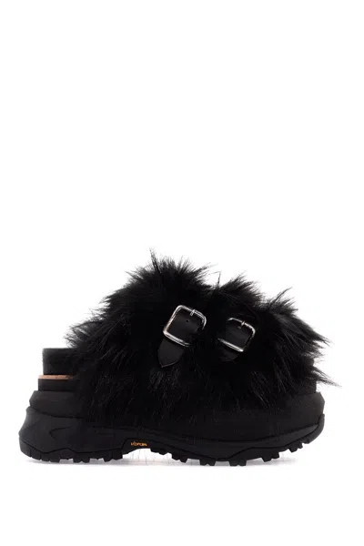 Sacai Slides With Faux Fur Strap In Black