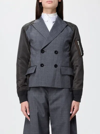 Sacai Slim Fit Double-breasted Short Coat In Wool With Nylon Inserts In Gray