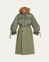 Sacai Spiewak Faux Fur Trim Nylon Trench Hybrid Coat In Bkhaki
