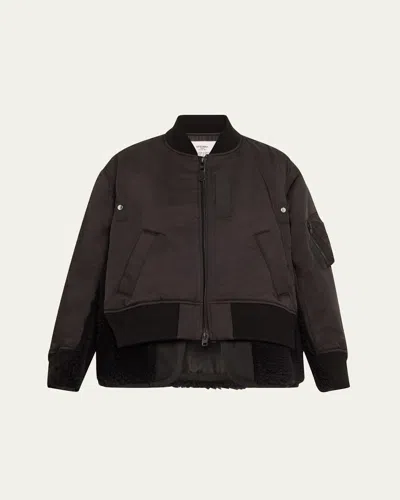 Sacai Spiewak Faux Fur Trim Nylon Trench Hybrid Coat In Lgray
