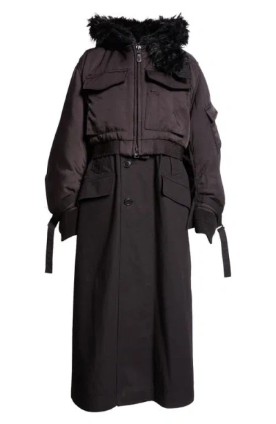 Sacai Spiewak Mixed Media Layered Down Coat In Black