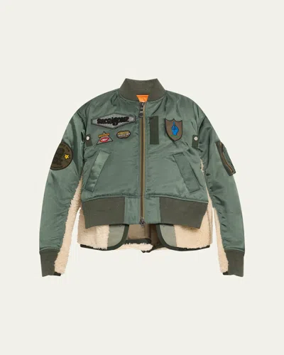 Sacai Spiewak Patch Nylon Shearling Bomber Jacket In Bkhaki