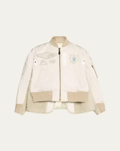 Sacai Spiewak Patch Nylon Shearling Bomber Jacket In Lgray