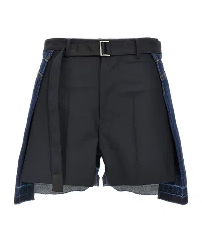 Sacai Spliced Denim Shorts In Black