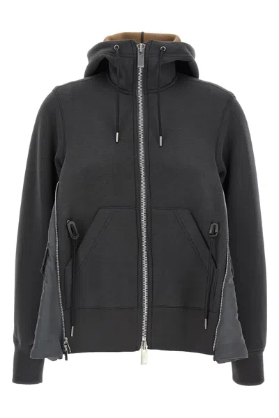 Sacai Sponge Grey Hoodie In Black