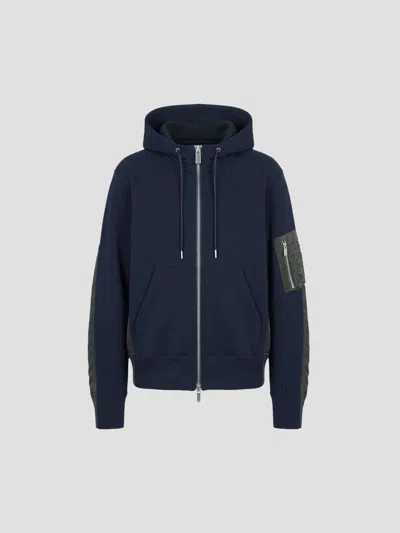 Sacai Sponge Sweat Panelled Zip-up Hoodie In Blue