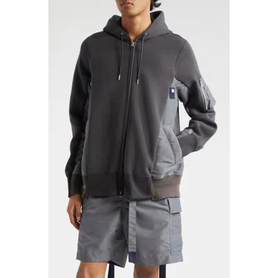 Sacai Sponge Sweat Mixed Media Zip Hoodie In C/ Grayc/ Gray 339