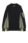 Sacai Bomber Jacket Hybrid Panelled Sweatshirt In Navy & Khaki