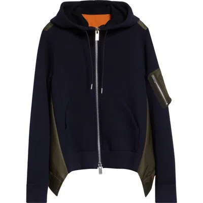 Sacai Sponge Sweat X Nylon Twill Full Zip Hoodie In Blue