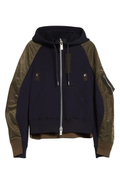 Sacai Sponge Sweat X Nylon Twill Full Zip Hoodie In Brown