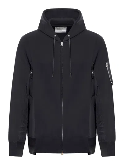 Sacai Sponge Sweat X Nylon Twill Hoodie In Black