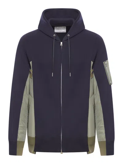 Sacai Sponge Sweat X Nylon Twill Hoodie In Navy Khaki