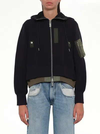 Sacai Sponge Sweat X Nylon Twill Small Hoodie In Blue