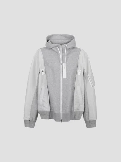 Sacai Sponge Sweater X Twill Hoodie In L Gray
