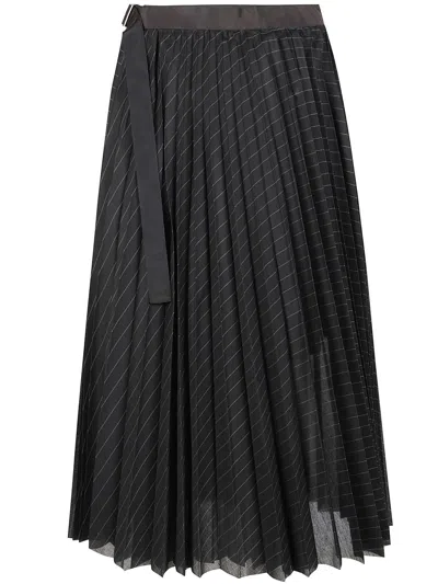 Sacai Organza Skirt With Contrasting Waistband And Pleated Design In Black