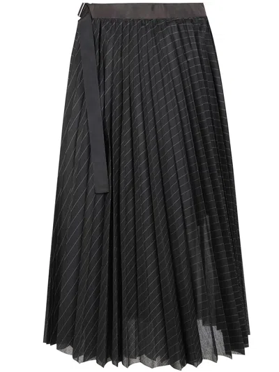 Sacai Organza Skirt With Contrasting Waistband And Pleated Design In Black